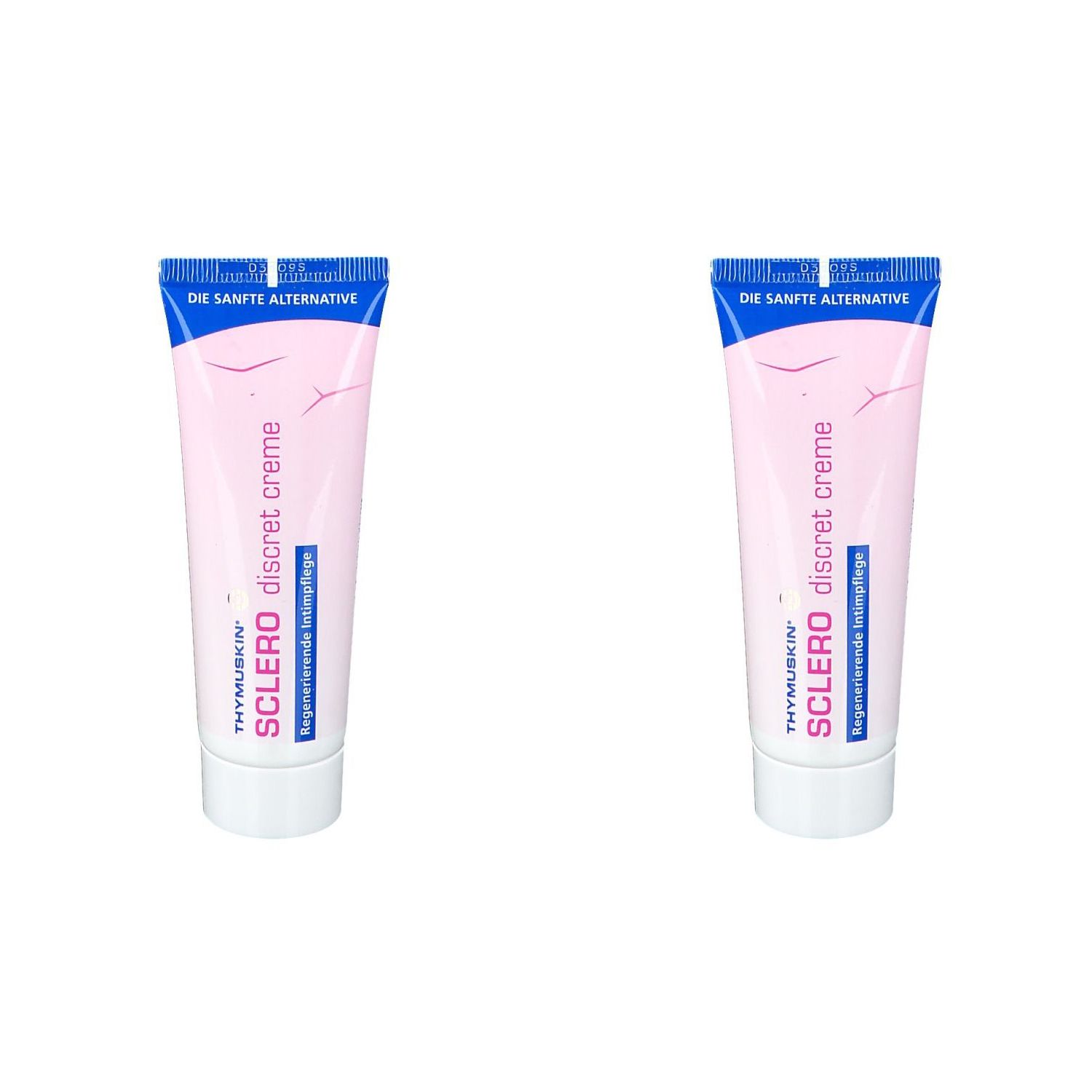 Zwei Tuben Creme. Rosa Tube mit blauem Deckel. Aufschrift: SCLERO discret creme, THYMUSKIN, Regenerierende Intimpflege.