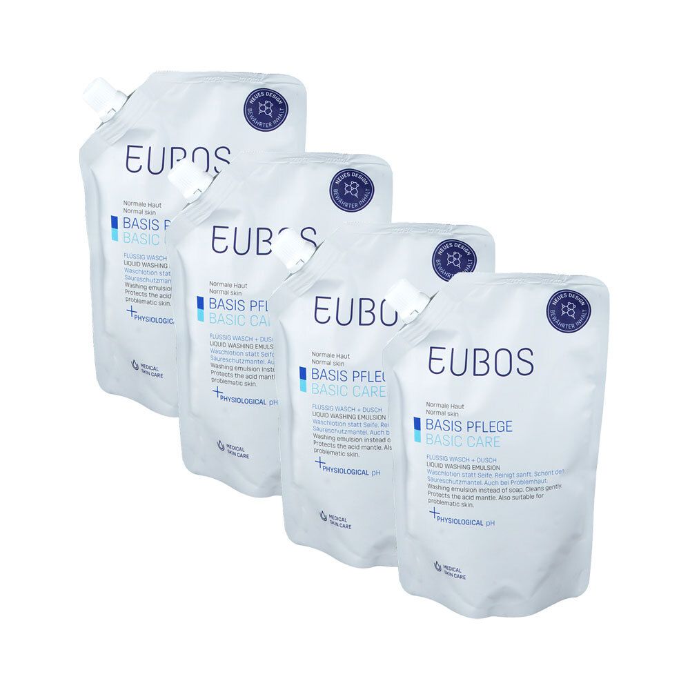 Vier weiße Nachfüllbeutel mit dem Aufdruck "EUBOS BASIS PFLEGE BASIC CARE". Oben rechts ein blaues Logo. Mit Ausgießer.
