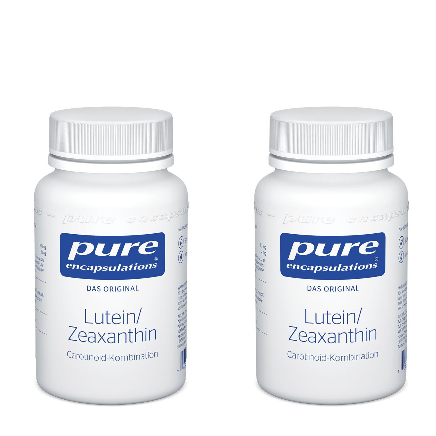 Zwei weiße Flaschen mit blauem Etikett. Aufschrift: pure encapsulations®, Lutein/Zeaxanthin, Carotinoid-Kombination.