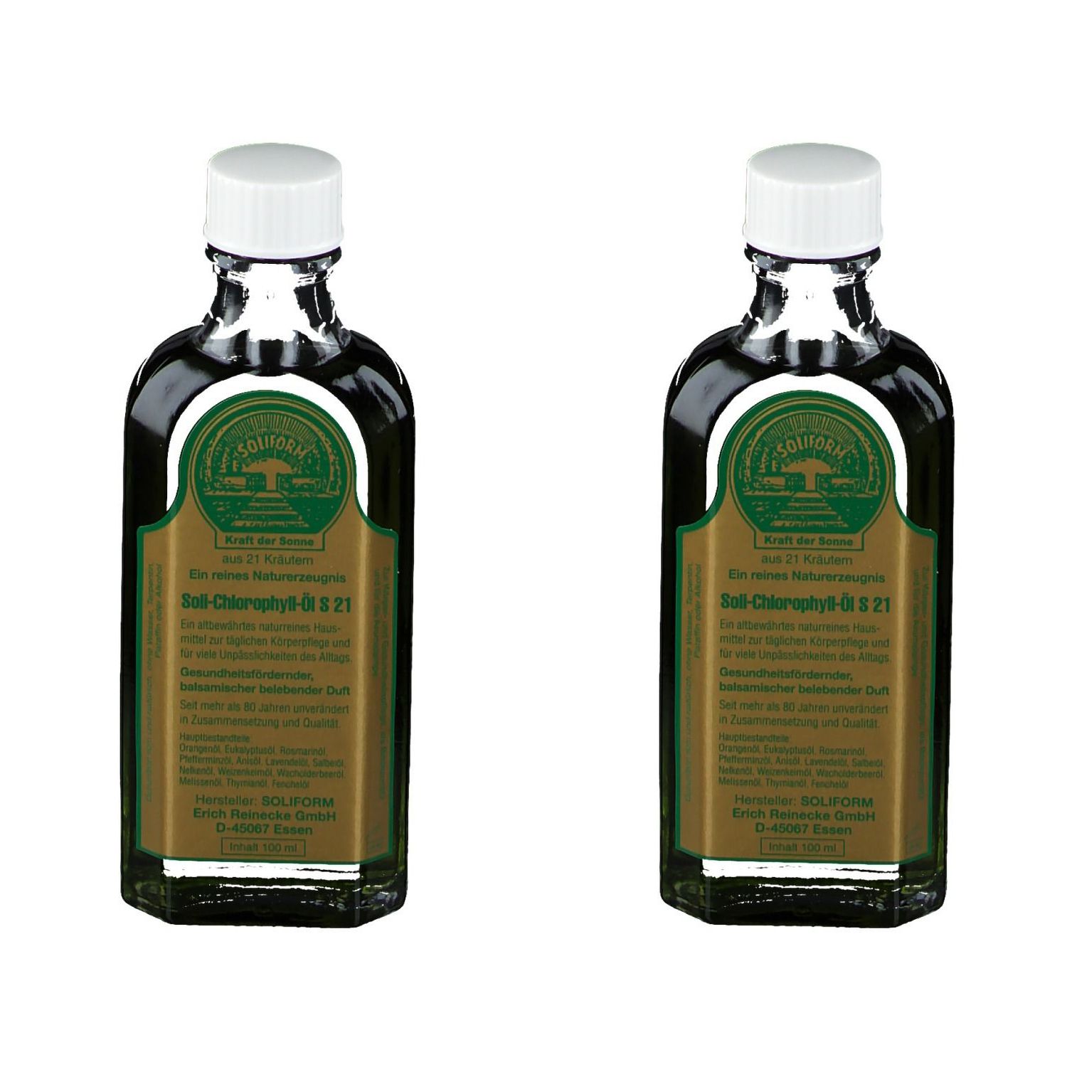 Zwei Flaschen Soli-Chlorophyll-Öl S 21. Braune Flüssigkeit in Glasflaschen mit weißen Deckeln. Etikett mit grüner Schrift.