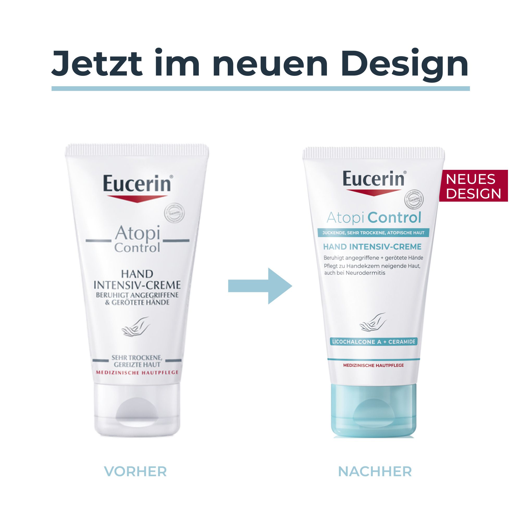 Vergleich von zwei Tuben Eucerin® AtopiControl Hand Intensiv-Creme. Links: altes Design. Rechts: neues Design.