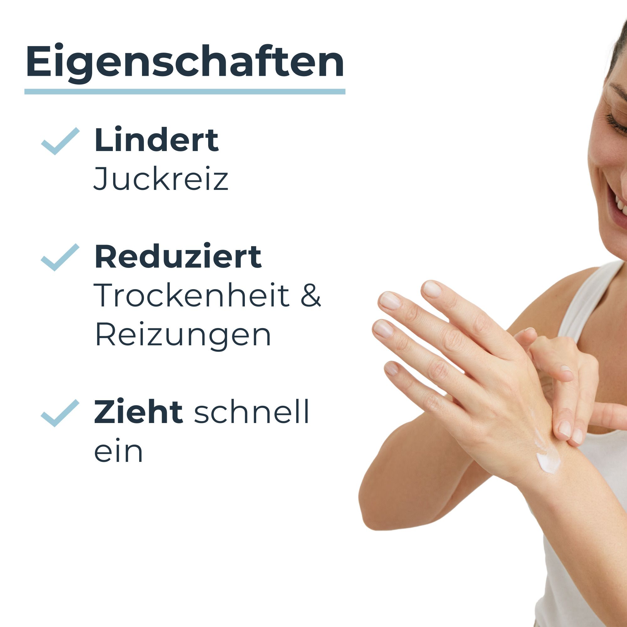 Eigenschaften der Eucerin® AtopiControl Hand Intensiv-Creme. Lindert Juckreiz, reduziert Trockenheit, zieht schnell ein.