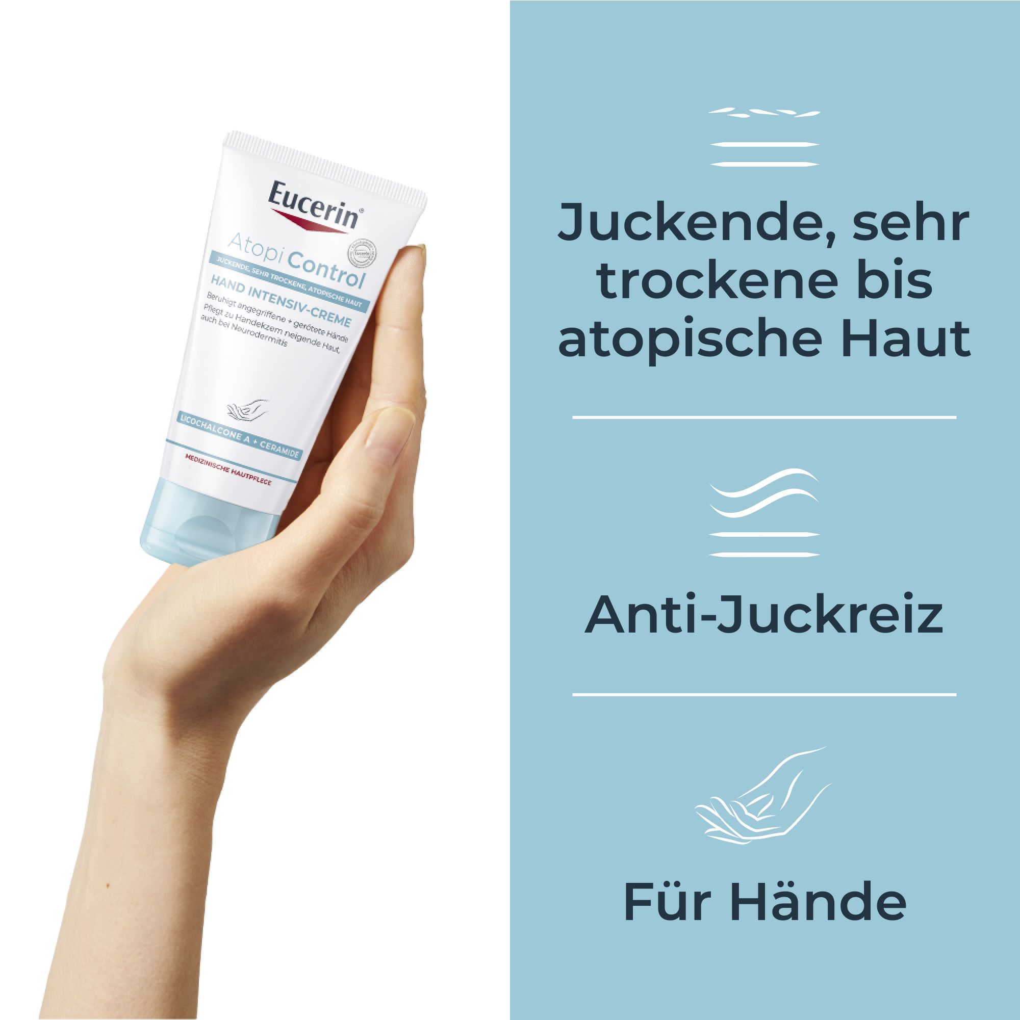 Hand, die Eucerin® AtopiControl Hand Intensiv-Creme hält. Text: Für Hände, Anti-Juckreiz, juckende, trockene Haut.