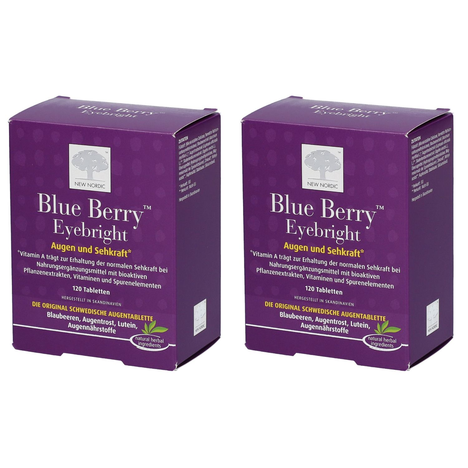 Zwei rechteckige Schachteln mit "Blue Berry Eyebright" Aufschrift. Text: Augen und Sehkraft, 120 Tabletten. Lila Verpackung mit Logo.