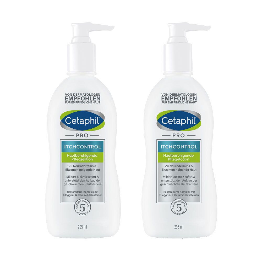 Zwei Flaschen Cetaphil Pro ItchControl Lotion mit Pumpverschluss. Aufschrift: Hautberuhigende Pflege, für trockene, juckende Haut.