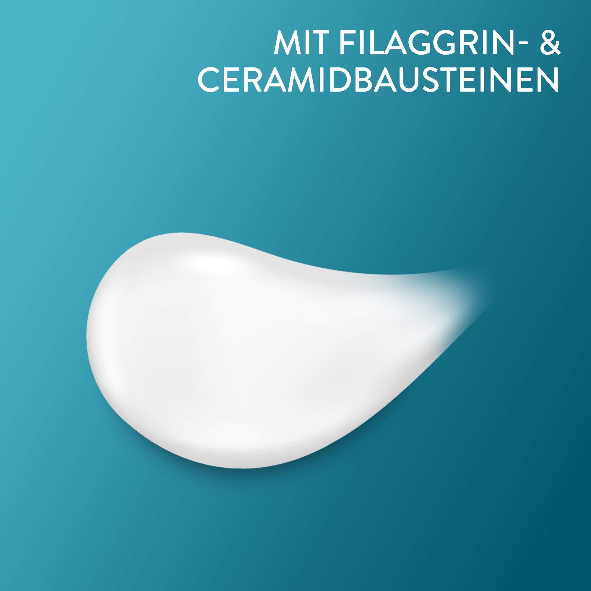 Weißer Klecks Lotion auf blauem Hintergrund. Text: Mit Filaggrin- & Ceramidbausteinen.