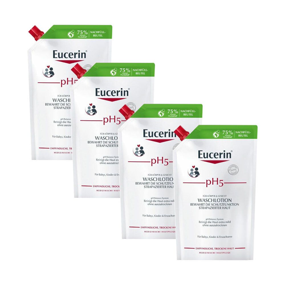 Quatre recharges de lotion lavante Eucerin pH5. Sachets blancs avec bouchon vert et bec verseur rouge. Texte : pH5, Eucerin.
