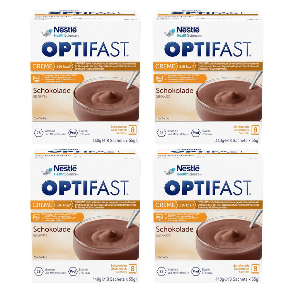Vier Packungen OPTIFAST Creme mit Schokoladengeschmack. Jede Packung zeigt eine Schüssel mit Creme und einen Löffel. Nestle HealthScience Logo.