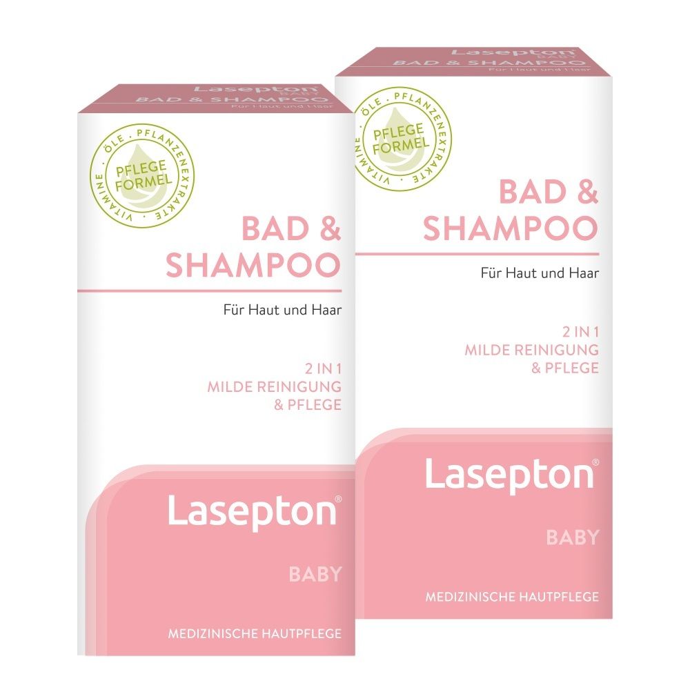 Zwei Packungen Lasepton Baby Bad & Shampoo, 2in1 für Haut und Haar, milde Reinigung & Pflege.