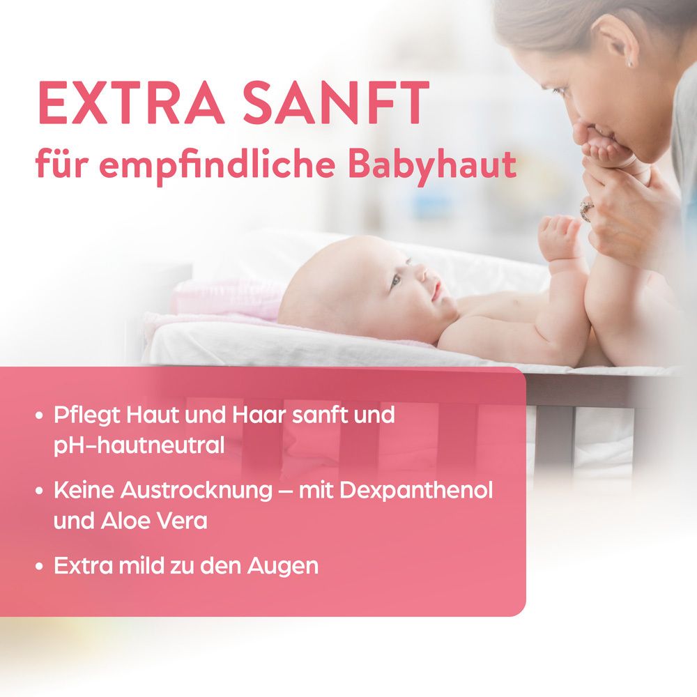 Sanftes Pflegeprodukt für empfindliche Babyhaut, mit Dexpanthenol und Aloe Vera.