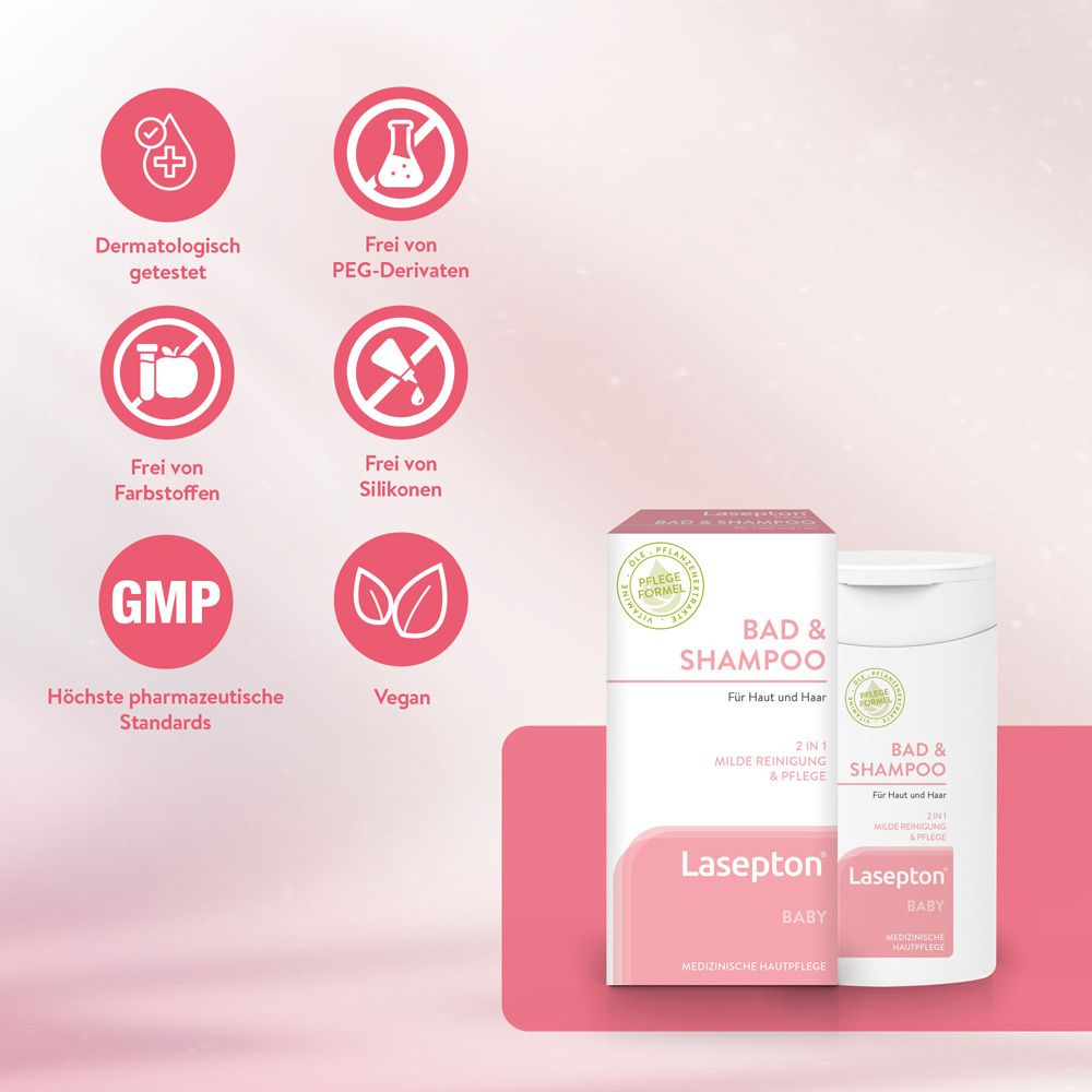 Lasepton Baby Bad & Shampoo: Dermatologisch getestet, frei von PEG-Derivaten, Farbstoffen, Silikonen. GMP-zertifiziert, vegan.