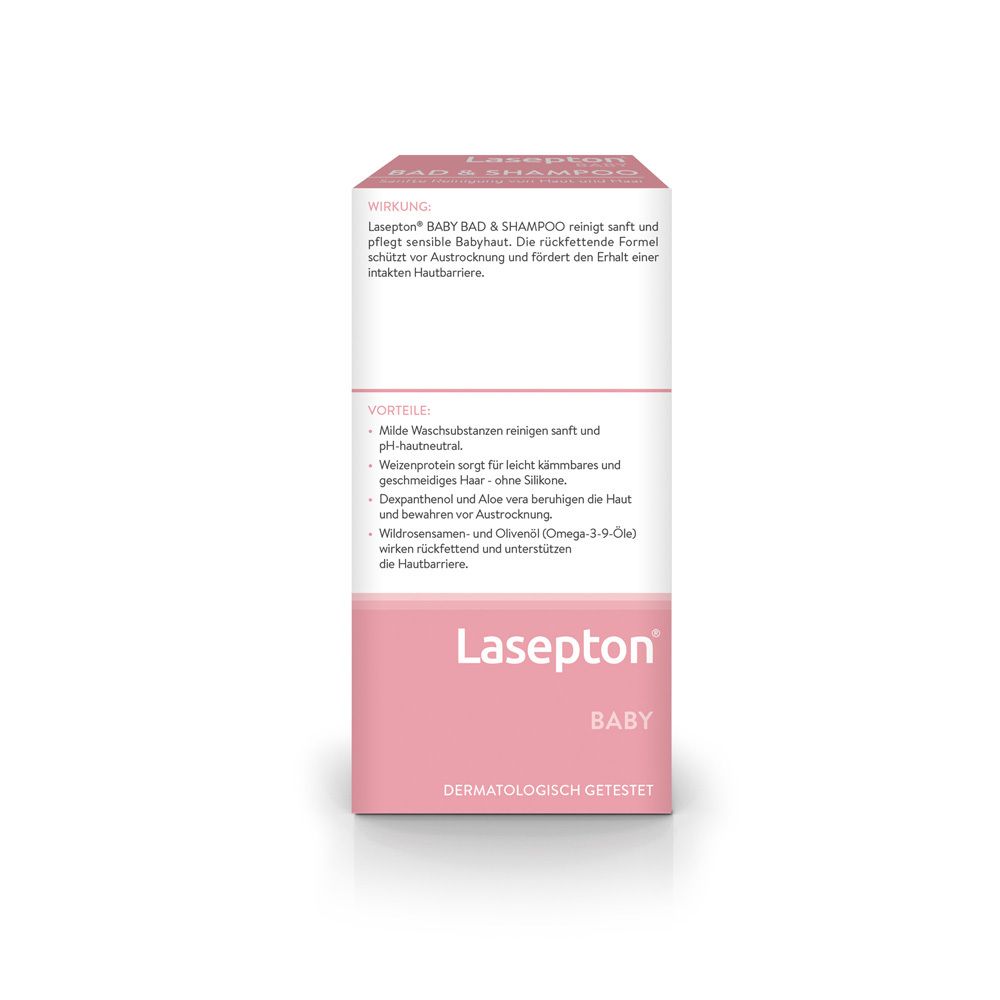 Lasepton Baby Bad & Shampoo Verpackung mit Textangaben zu Inhaltsstoffen und Vorteilen. Rosa und weiße Box.