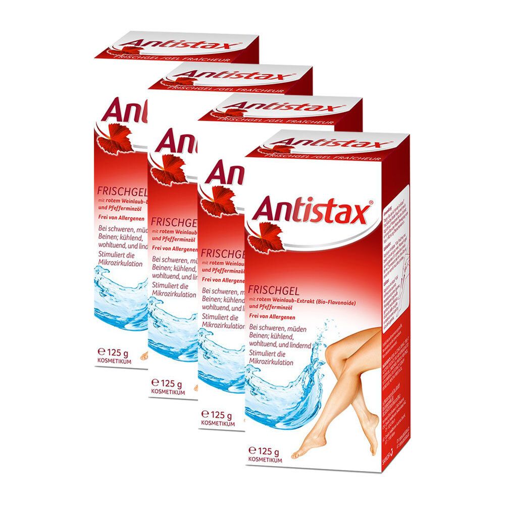 Plusieurs boîtes d'Antistax® Frischgel. Emballage rouge et blanc avec informations sur le produit et logo. Illustration de jambes et d'eau.