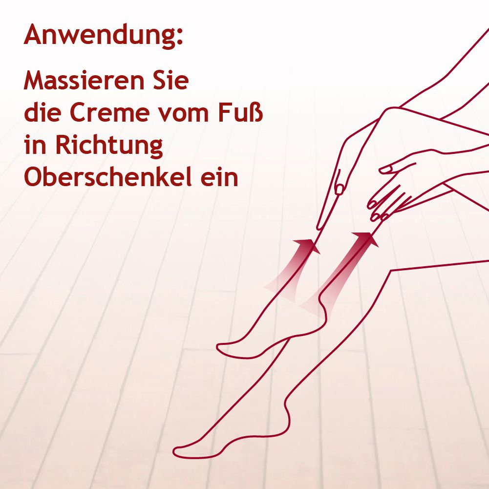 Illustration de jambes. Des flèches indiquent la direction d'application de la crème du pied à la cuisse.