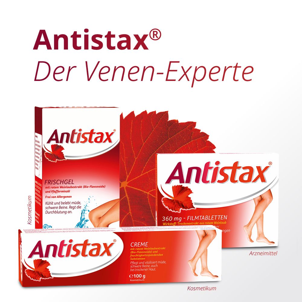 Différents produits Antistax®. Frischgel, crème et comprimés. Emballages rouges et blancs avec logo et informations sur le produit.