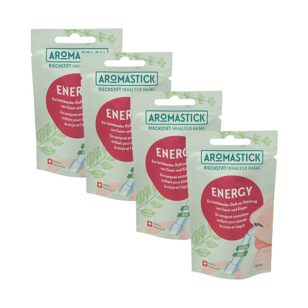 Vier Beutel mit Aromastick-Inhalatoren. Auf jedem Beutel steht "ENERGY". Das Logo zeigt einen grünen Strich und den Schriftzug "AROMASTICK".