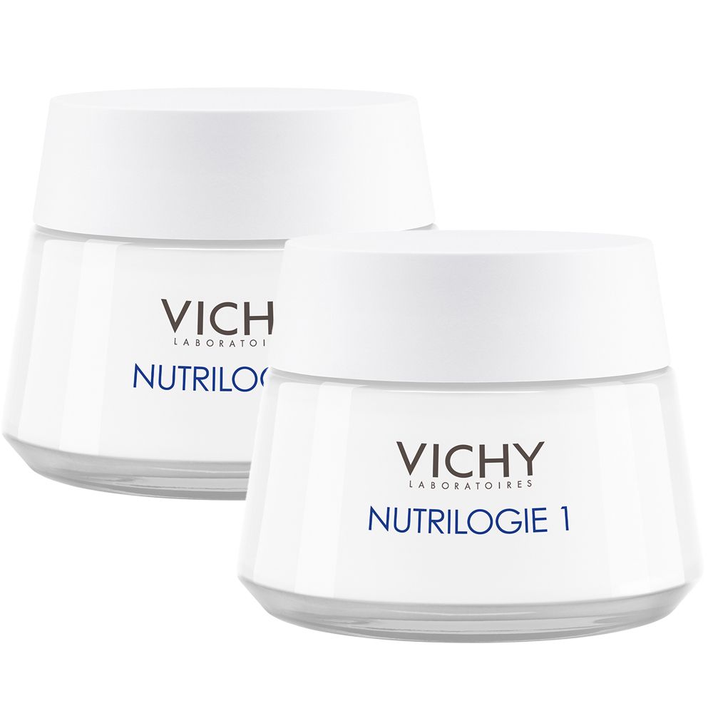 Zwei weiße Tiegel mit Deckel. Auf einem steht "VICHY LABORATOIRES NUTRILOGIE 1".