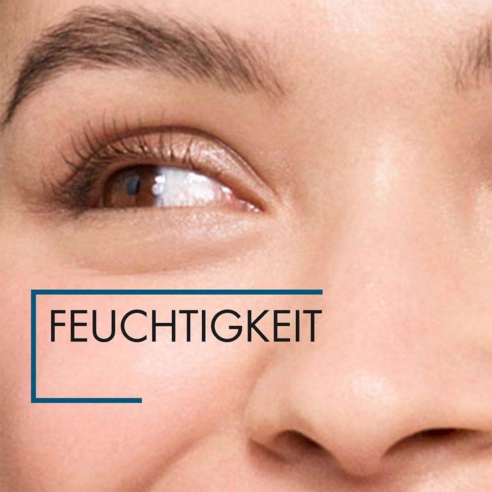 Nahaufnahme eines Auges und der Haut. Text: FEUCHTIGKEIT.