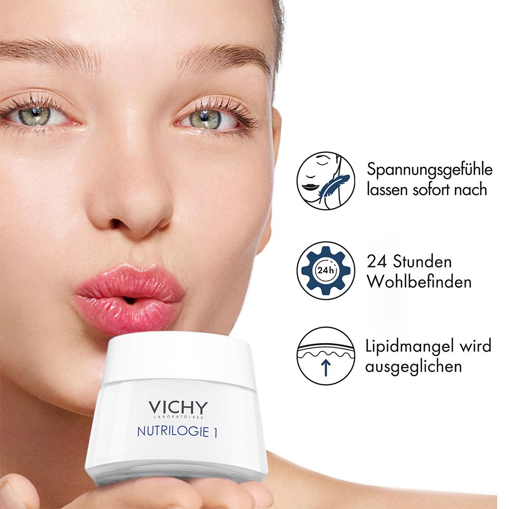 Frau hält einen Tiegel. Text: VICHY NUTRILOGIE 1. Grafiken: Spannungsgefühl, 24h Wohlbefinden, Lipidmangel.