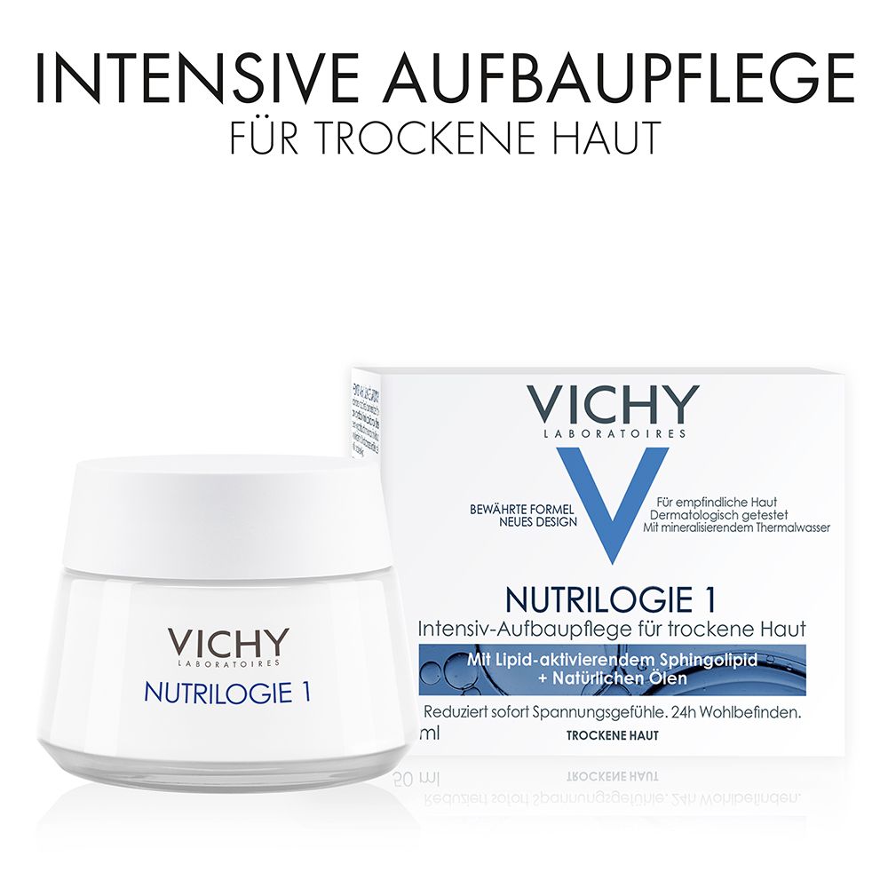 Tiegel und Schachtel. Text: VICHY NUTRILOGIE 1 Intensiv-Aufbaupflege für trockene Haut.