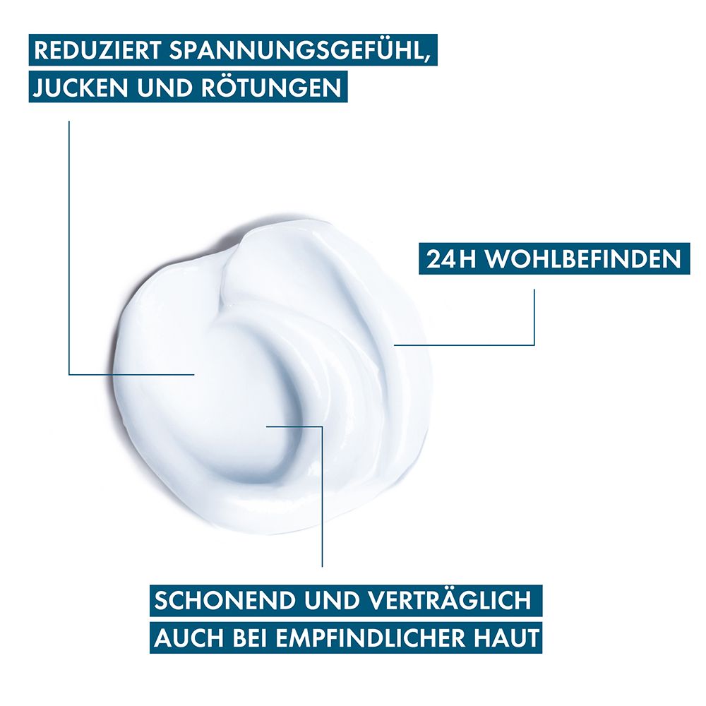 Creme auf weißem Hintergrund. Text: Reduziert Spannungsgefühl, Jucken und Rötungen. 24h Wohlbefinden.
