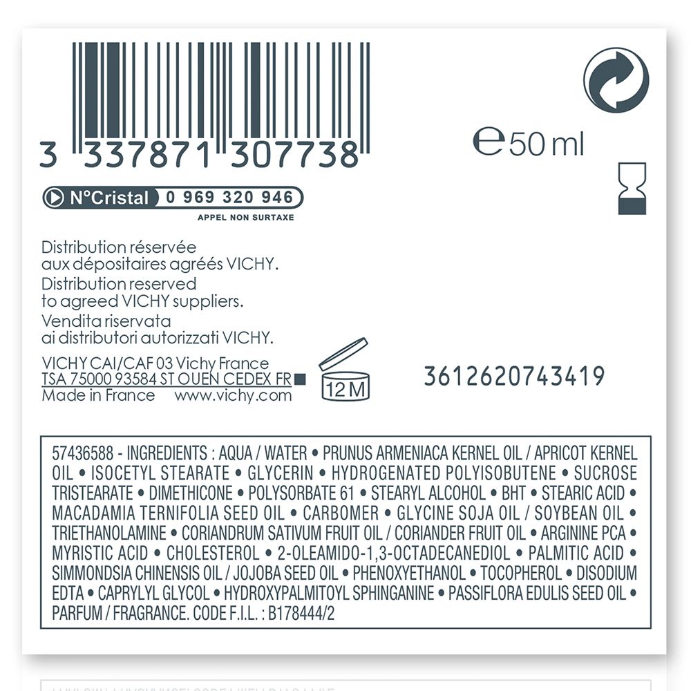 Barcode, Text und Inhaltsstoffe. Volumen: 50 ml.  Hergestellt in Frankreich.