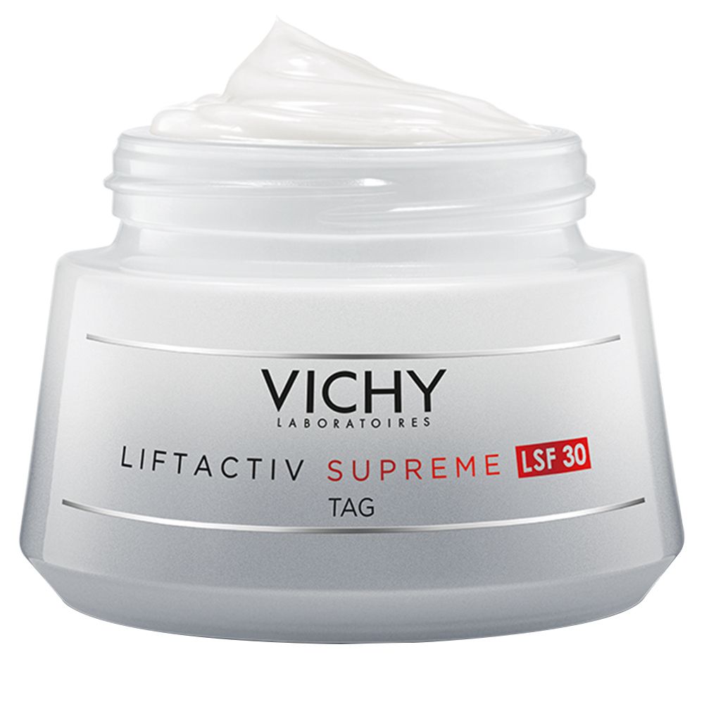 Pot de Vichy LIFTACTIV SUPREME LSF 30. Couvercle blanc, contenant gris, indication LSF 30 rouge. Crème visible.