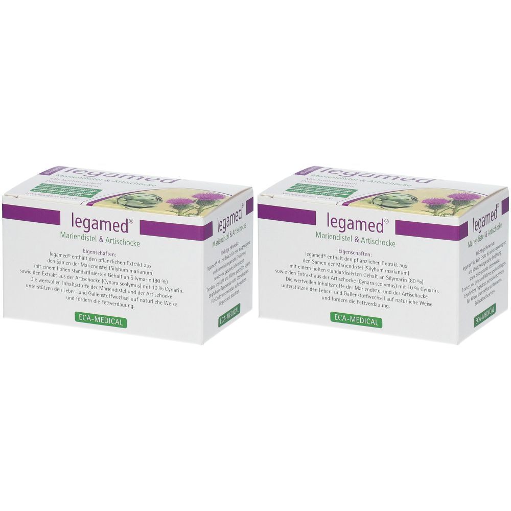 Zwei weiße Kartons mit lila Akzenten. Aufschrift: legamed Mariendistel & Artischocke. ECA-MEDICAL Logo.