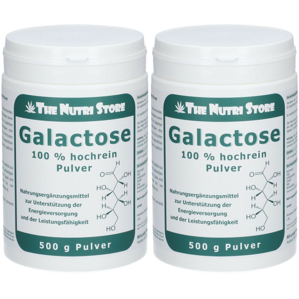 Zwei weiße Behälter mit Deckel. Aufschrift: Galactose 100% hochrein Pulver. Marke: The Nutri Store. 500 g Pulver.