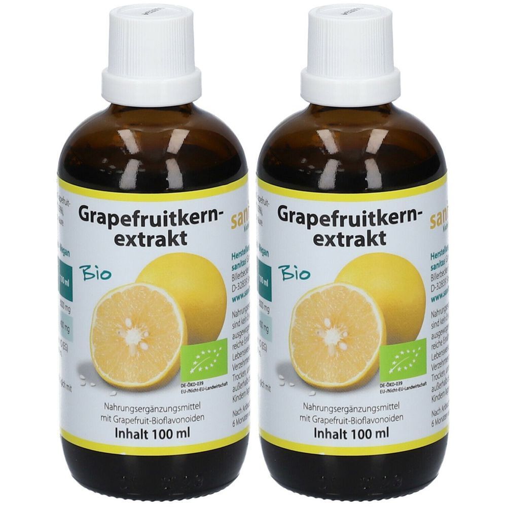 Zwei braune Glasflaschen mit weißem Deckel. Auf den Etiketten steht "Grapefruitkernextrakt BIO" und ein Bild einer Grapefruit. Inhalt 100 ml.