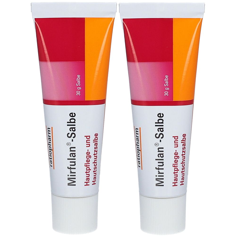Zwei Tuben Mirfulan®-Salbe. Weiße Tuben mit rotem und orangefarbenem oberen Bereich. Beschriftung: Hautpflege- und Hautschutzsalbe.