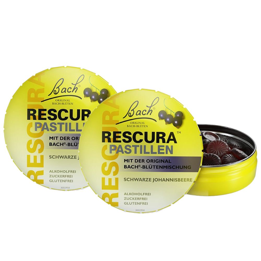Deux boîtes rondes jaunes avec "RESCURA PASTILLEN". Une boîte ouverte, montrant des pastilles. Texte : "Schwarze Johannisbeere".