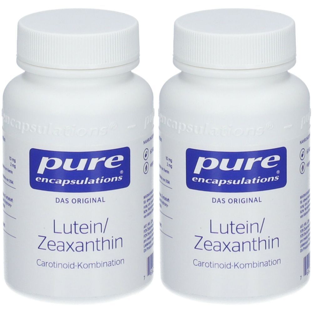 Zwei weiße Flaschen mit blauen Etiketten. Aufschrift: pure encapsulations Lutein/Zeaxanthin. Carotinoid-Kombination.