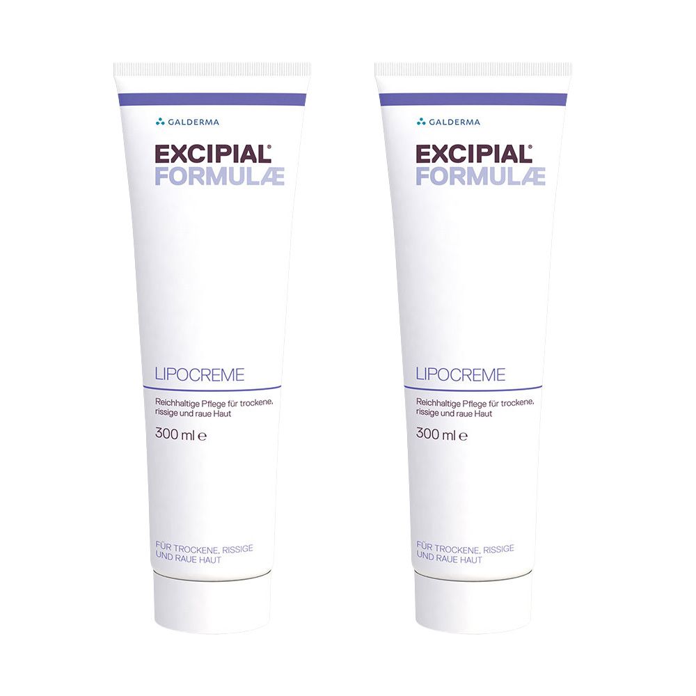 Zwei Tuben Excipial Lipocreme. Weiße Tuben mit blauer Schrift. Enthält 300 ml.