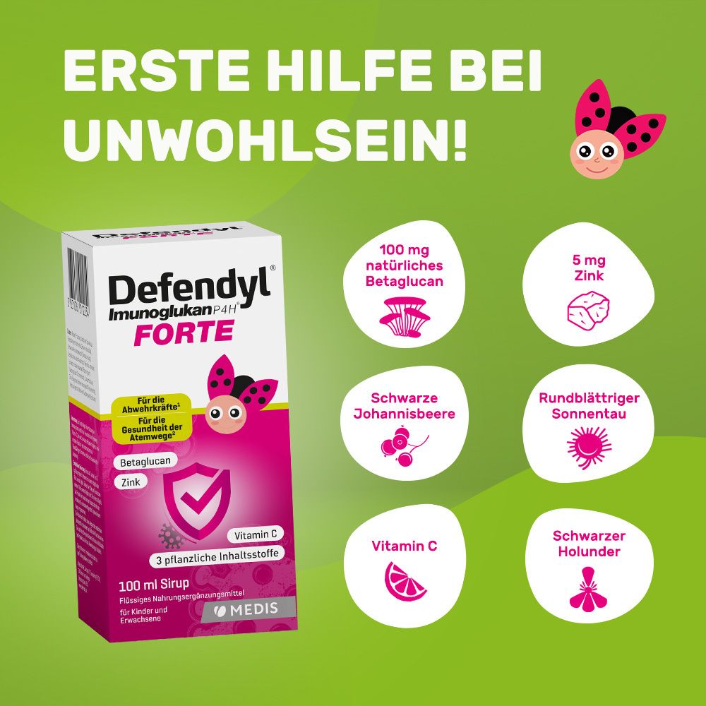 Werbung für Defendyl-Imunoglukan P4H® FORTE. Enthält Betaglucan, Zink, Vitamin C und pflanzliche Inhaltsstoffe.