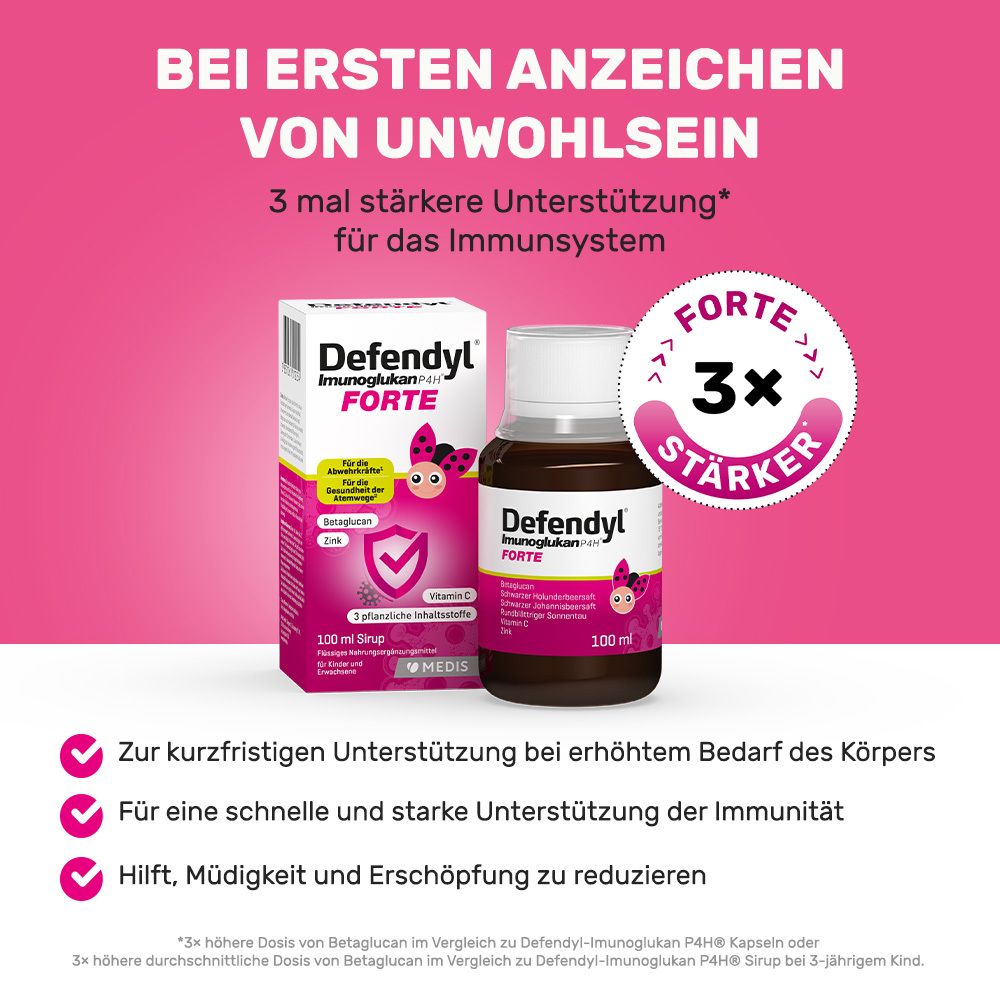 Defendyl-Imunoglukan P4H® FORTE Sirup, Flasche und Schachtel. Rosa Hintergrund mit Text und Logo.