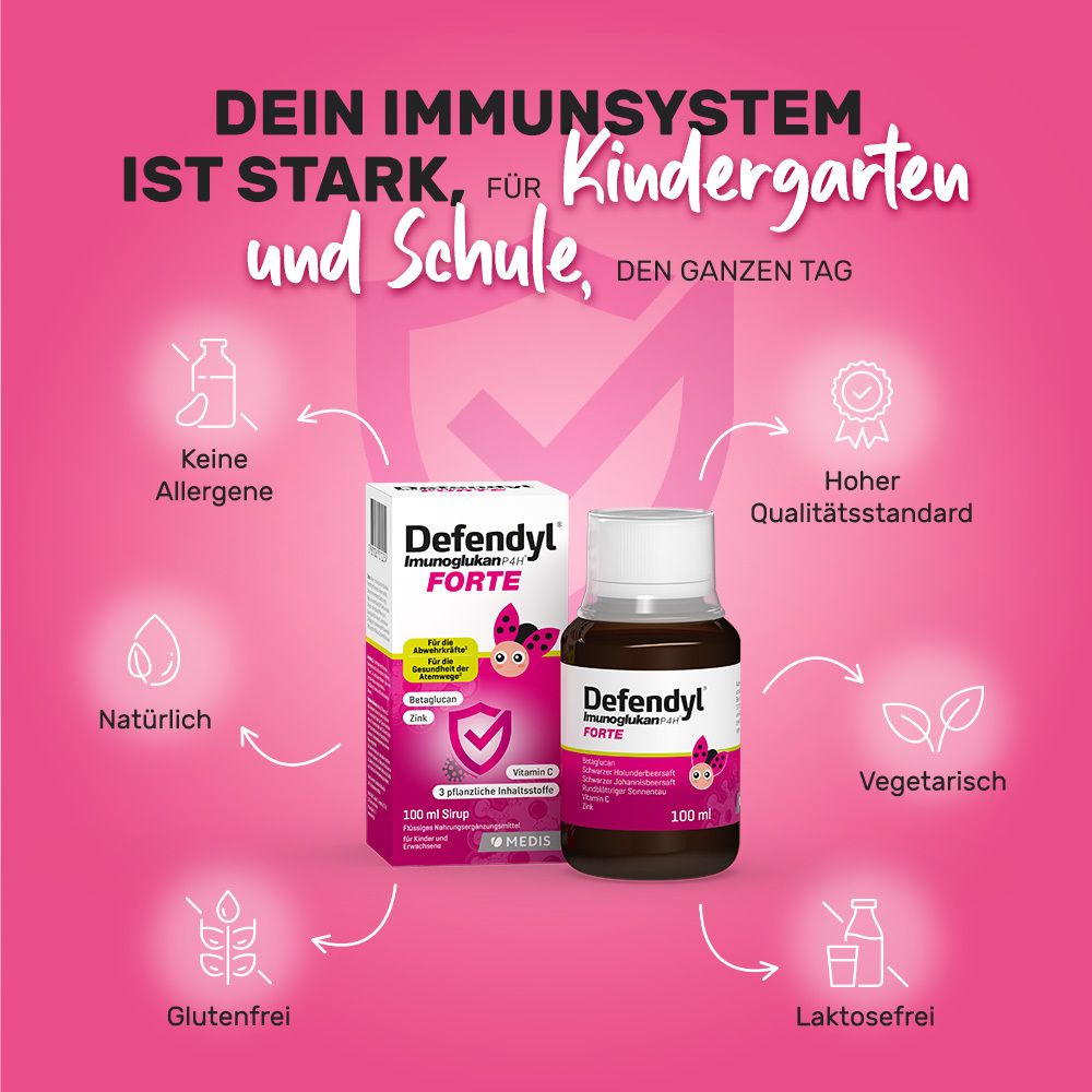 Defendyl-Imunoglukan P4H® FORTE Sirup, Flasche und Schachtel. Rosa Hintergrund mit Symbolen und Text.
