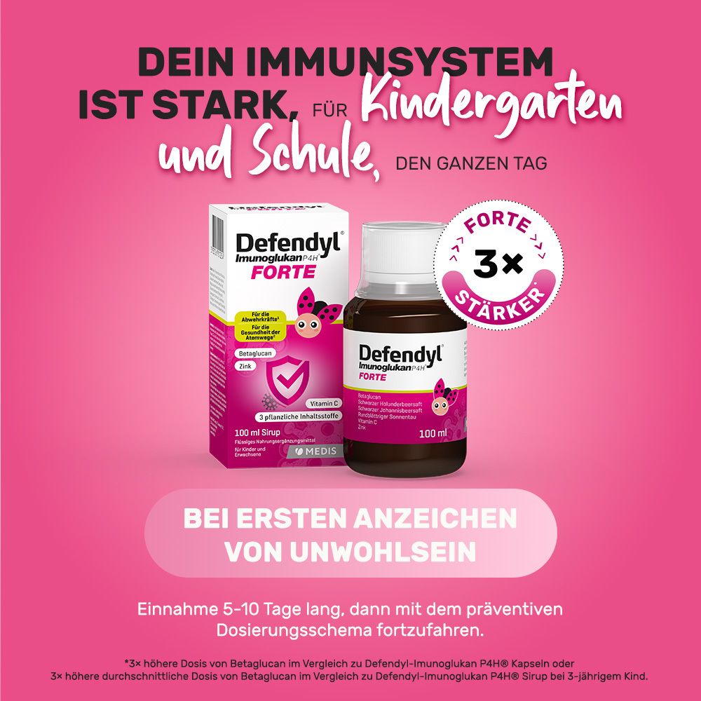 Defendyl-Imunoglukan P4H® FORTE Sirup, Flasche und Schachtel. Rosa Hintergrund mit Text und Logo.