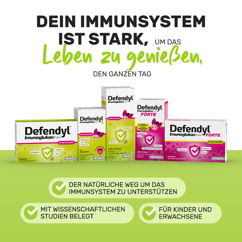 Verschiedene Defendyl-Imunoglukan P4H® Produkte. Grün-weißer Hintergrund mit Text und Logos.