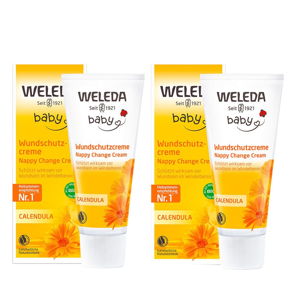 Zwei Tuben und zwei Schachteln Weleda Baby Wundschutzcreme. Aufschrift: Calendula, Nr. 1, schützt vor Wundsein.