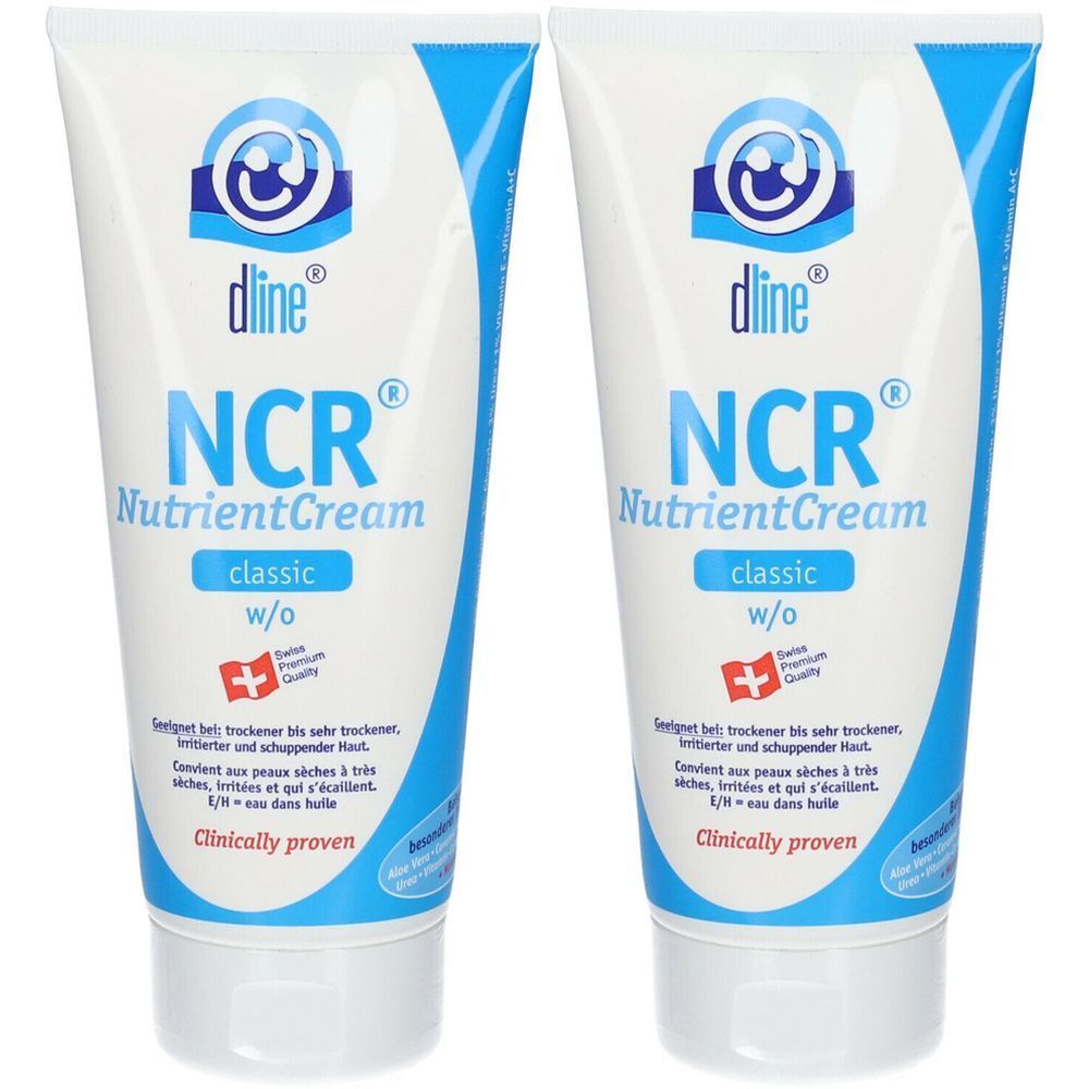 Deux tubes de NutrientCream NCR. Tubes blancs avec design bleu. Inscription : NCR NutrientCream classic w/o. Label de qualité suisse.