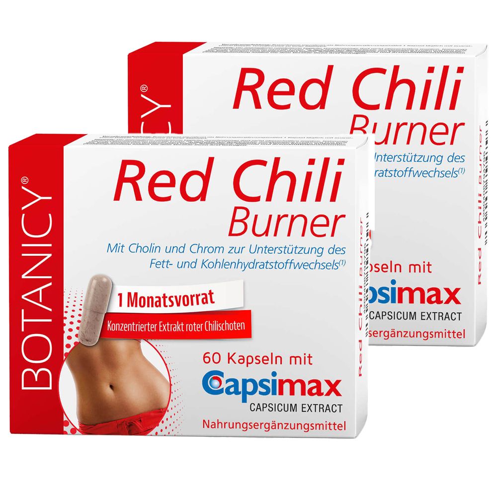 Zwei weiße Schachteln mit roter Aufschrift "Red Chili Burner". Auf einer Schachtel ist eine Kapsel und eine Abbildung eines Bauches zu sehen.
