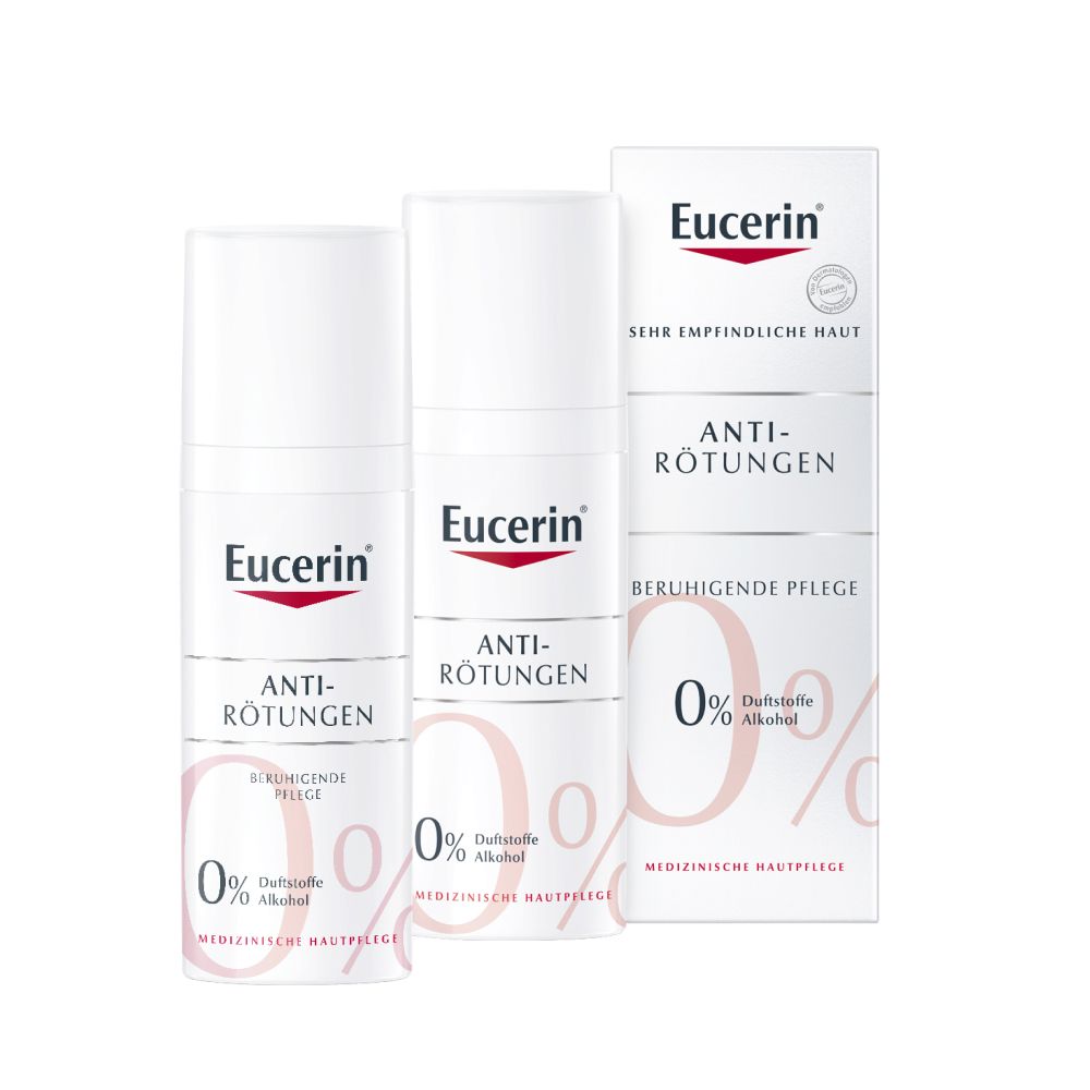 Drei weiße Flaschen Eucerin Anti-Rötungen. Aufschrift: Anti-Rötungen, beruhigende Pflege, 0% Duftstoffe, 0% Alkohol.