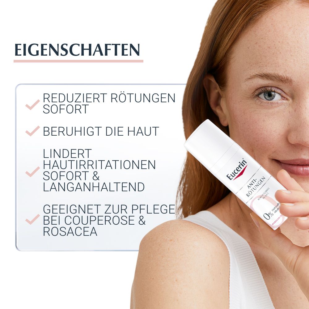 Frau hält eine Flasche Eucerin Anti-Rötungen. Text: Reduziert Rötungen sofort, beruhigt die Haut, lindert Hautreizungen.