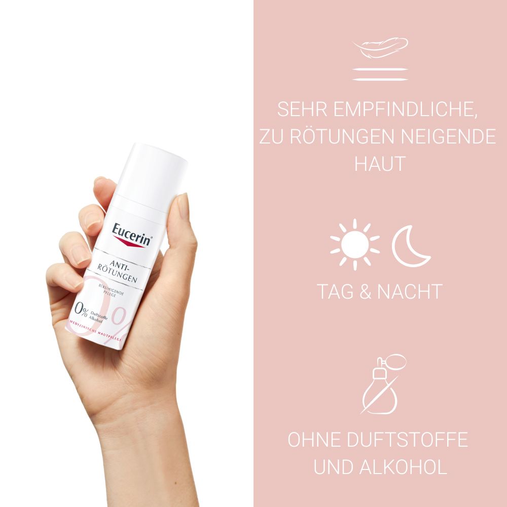 Hand hält eine Flasche Eucerin Anti-Rötungen. Text: Sehr empfindliche, zu Rötungen neigende Haut. Tag & Nacht. Ohne Duftstoffe und Alkohol.
