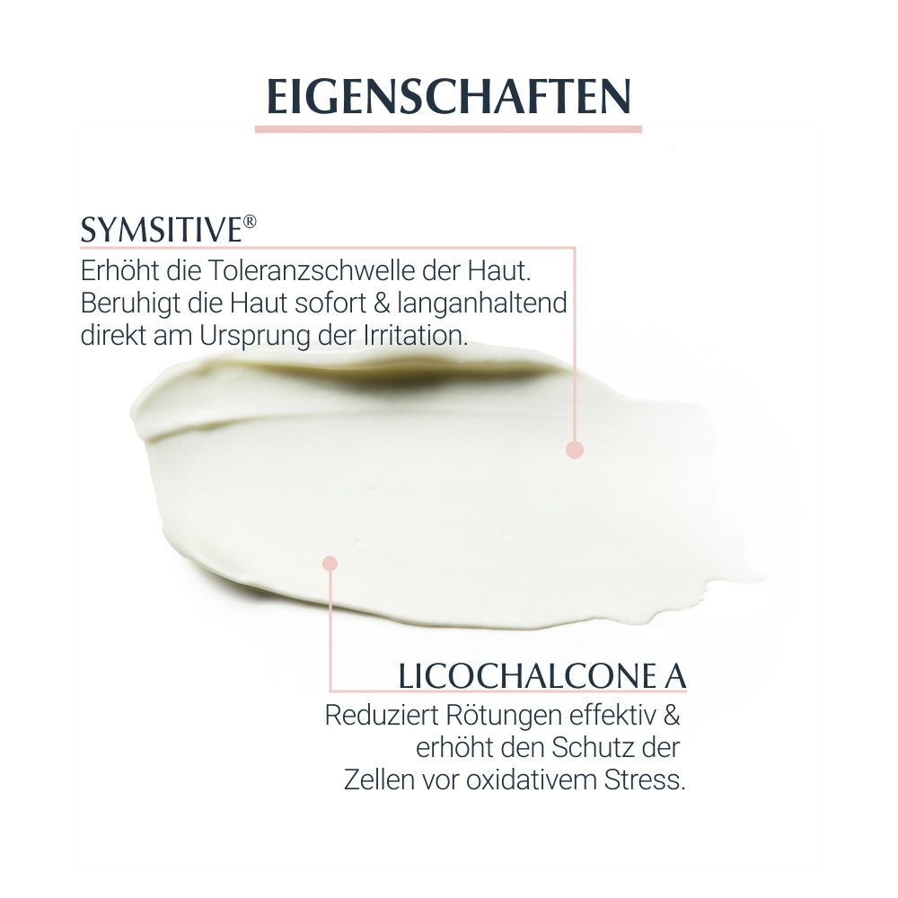 Nahaufnahme einer Creme. Text: SymSitive erhöht die Toleranzschwelle der Haut. Licochalcone A reduziert Rötungen.