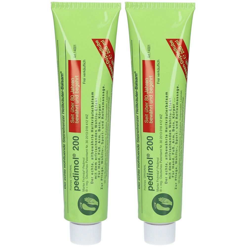 Zwei grüne Tuben pedimol® 200. Rote und weiße Schrift. Aufschrift: Seit über 80 Jahren bewährt und begehrt. 200 ml.
