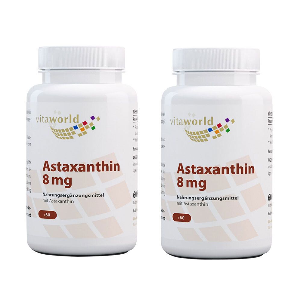 Zwei weiße Flaschen mit Astaxanthin 8 mg. Aufschrift: vitaworld, Nahrungsergänzungsmittel. Jede Flasche enthält 60 Kapseln.