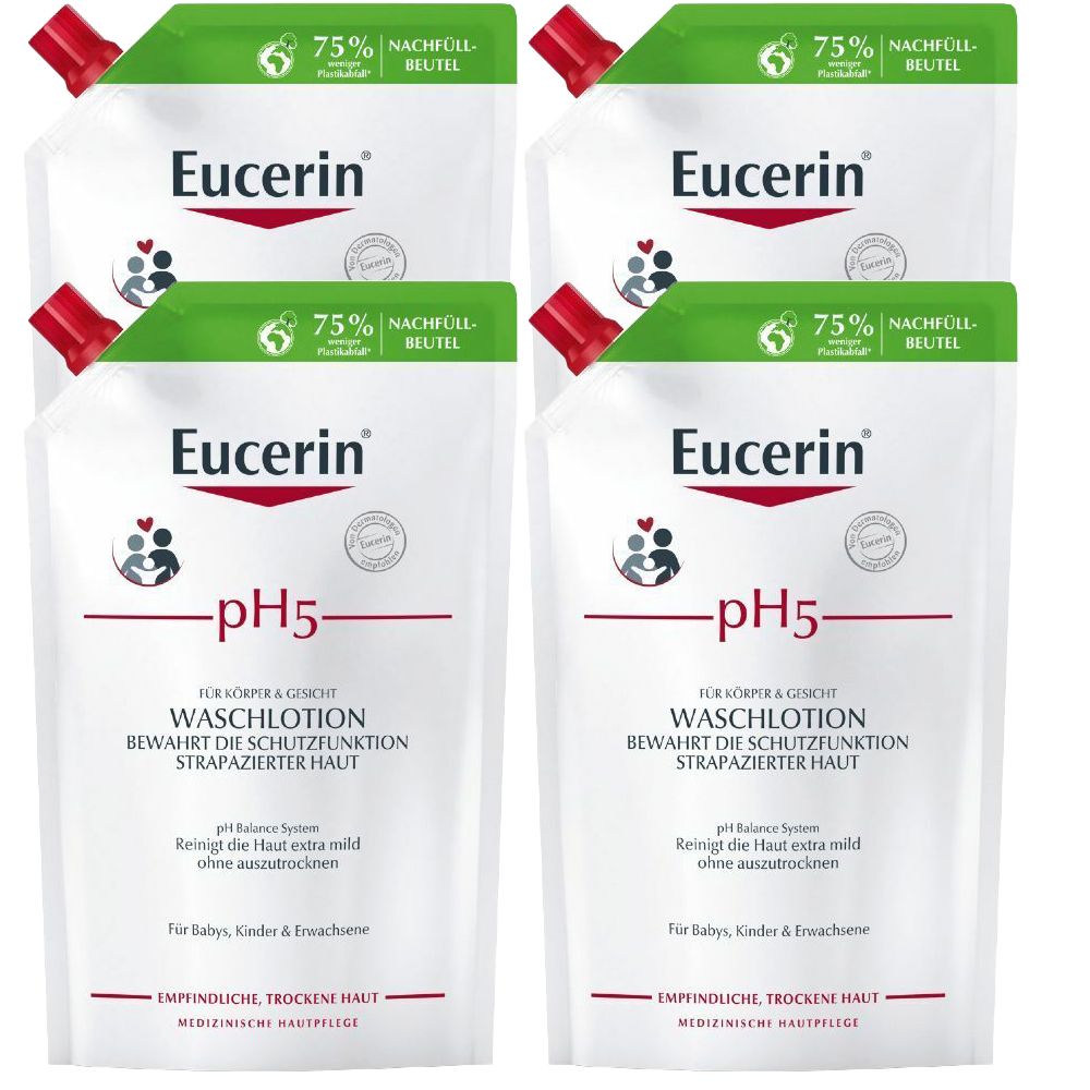 Plusieurs recharges Eucerin pH5 Waschlotion. Sachets blancs avec bouchon rouge. Texte: pH5, pour le corps et le visage, peau sensible.