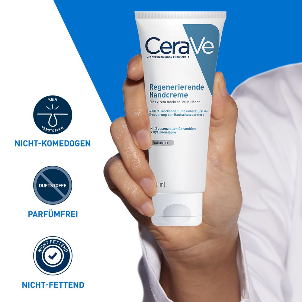 CeraVe Regenerierende Handcreme Tube mit Icons für nicht-komedogen, parfümfrei und nicht-fettend.